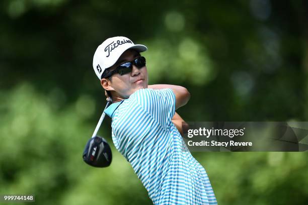 Michael Kim hits his tee shot on the 15th hole during the final round of the John Deere Classic at TPC Deere Run on July 15, 2018 in Silvis, Illinois.