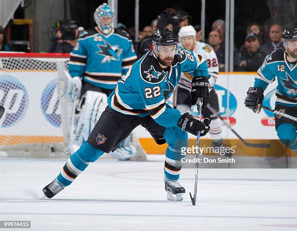 Dan Boyle of the San Jose Sharks skates up ice in Game Two of the Western Conference Finals during the 2010 NHL Stanley Cup Playoffs vs the Chicago...
