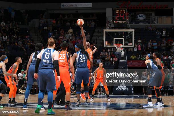 Tip off between Chiney Ogwumike of the Connecticut Sun and Sylvia Fowles of the Minnesota Lynx on July 15, 2018 at Target Center in Minneapolis,...