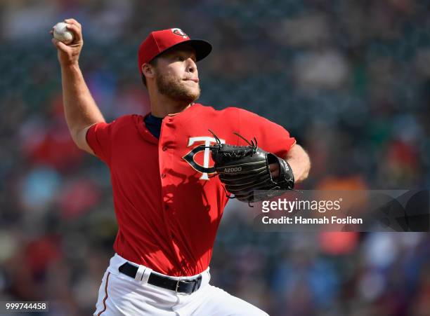 Alan Busenitz of the Minnesota Twins delivers a pitch against the Tampa Bay Rays during the ninth inning of the game on July 15, 2018 at Target Field...