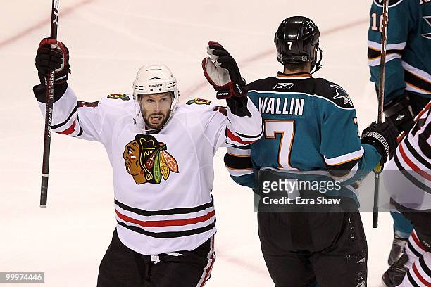 Troy Brouwer of the Chicago Blackhawks celebrates his third period goal while taking on the San Jose Sharks in Game Two of the Western Conference...