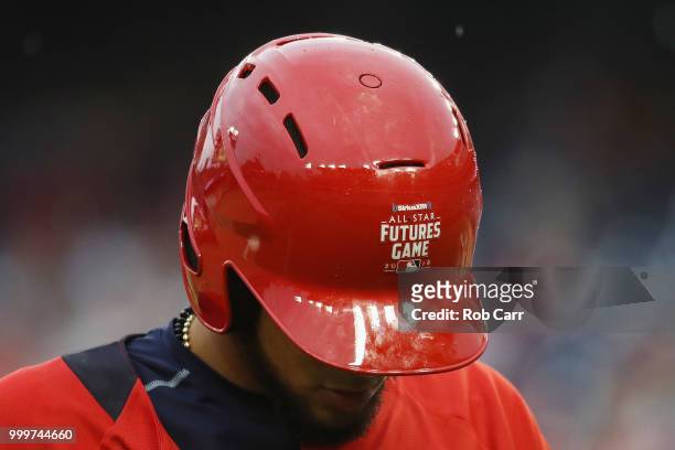 Detailed view of a batting helmet as the World Team plays the U.S. Team during the SiriusXM All-Star Futures Game at Nationals Park on July 15, 2018...