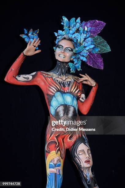 Model, painted by bodypainting artist Anna Chapovalov from Itly, poses for a picture at the 21st World Bodypainting Festival 2018 on July 14, 2018 in...