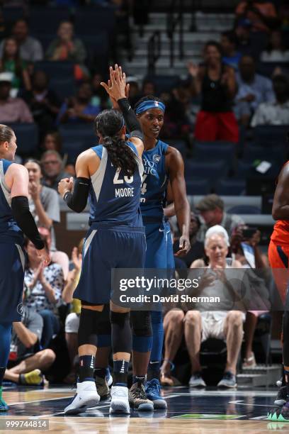 Maya Moore and Sylvia Fowles of the Minnesota Lynx reacts during game against the Connecticut Sun on July 15, 2018 at Target Center in Minneapolis,...