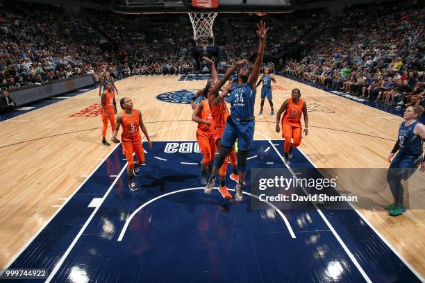 Sylvia Fowles of the Minnesota Lynx shoots the ball against the Connecticut Sun on July 15, 2018 at Target Center in Minneapolis, Minnesota. NOTE TO...