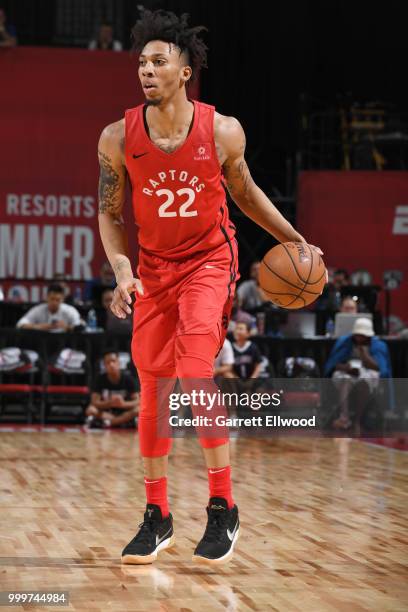 Malachi Richardson of the Toronto Raptors handles the ball during the game against the Cleveland Cavaliers during the 2018 Las Vegas Summer League on...