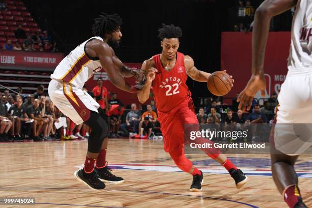 Malachi Richardson of the Toronto Raptors jocks for a position during the game against the Cleveland Cavaliers during the 2018 Las Vegas Summer...