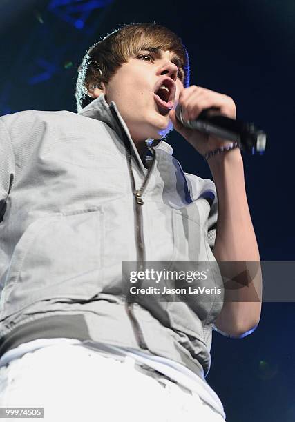 Justin Bieber performs at KIIS FM's 2010 Wango Tango concert at Staples Center on May 15, 2010 in Los Angeles, California.