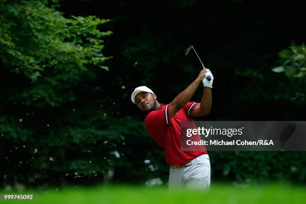 Harold Varner III hits his drive on the sixth hole during the fourth and final round of the John Deere Classic held at TPC Deere Run on July 15, 2018...