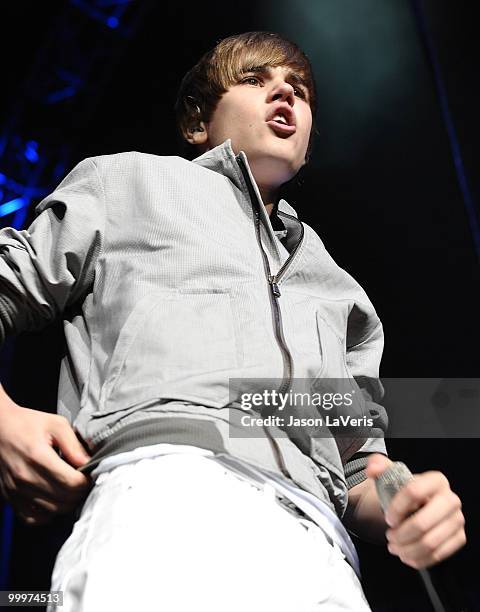 Justin Bieber performs at KIIS FM's 2010 Wango Tango concert at Staples Center on May 15, 2010 in Los Angeles, California.