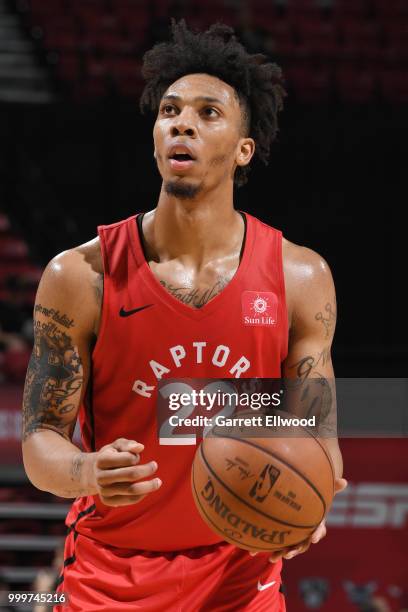 Malachi Richardson of the Toronto Raptors shoots a free throw during the game against the Cleveland Cavaliers during the 2018 Las Vegas Summer League...