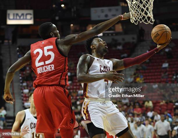Jamel Artis of the Cleveland Cavaliers drives to the basket against Chris Boucher of the Toronto Raptors during a quarterfinal game of the 2018 NBA...