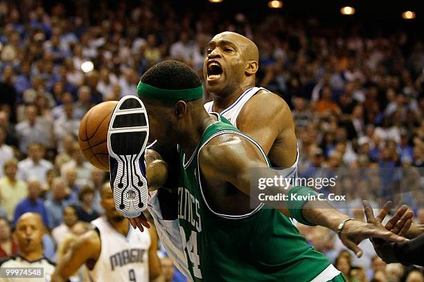 Vince Carter of the Orlando Magic is fouled by Paul Pierce of the Boston Celtics in Game Two of the Eastern Conference Finals during the 2010 NBA...