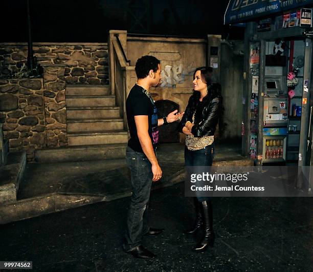 Singer/actor Corbin Bleu and singer/actress Demi Lovato chat backstage after a performance of "In The Heights" at Richard Rodgers Theatre on May 18,...