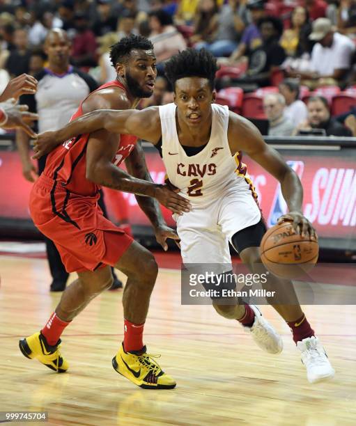 Collin Sexton of the Cleveland Cavaliers drives against Codi Miller-McIntyre of the Toronto Raptors during a quarterfinal game of the 2018 NBA Summer...