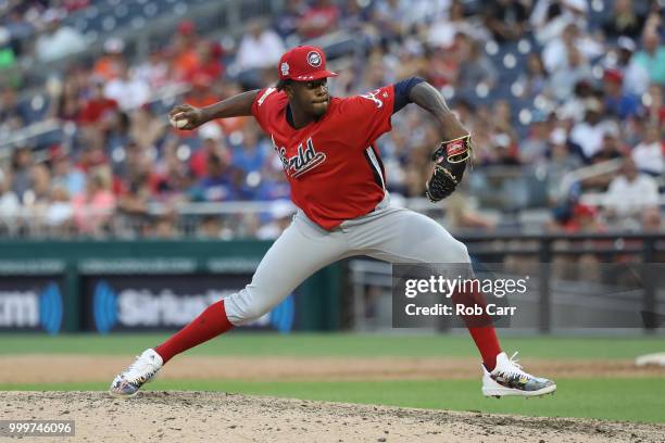Touki Toussaint of the Atlanta Braves and the World Team pitches in the eighth inning against the U.S. Team during the SiriusXM All-Star Futures Game...