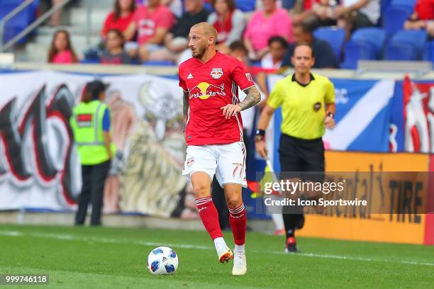 New York Red Bulls midfielder Daniel Royer controls the ball during the firat half of the Major League Soccer game between Sporting Kansas City and...