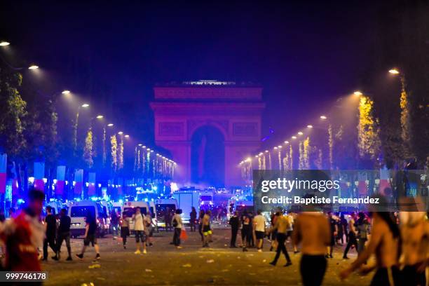 French riot police evacuates the Champs Elysees after the FIFA World cup final match between France and Croatia on July 15, 2018 in Paris, France.