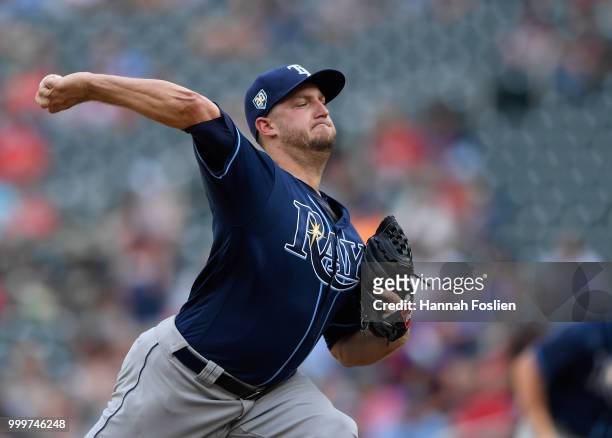 Matt Andriese of the Tampa Bay Rays delivers a pitch against the Minnesota Twins during the 10th inning of the game on July 15, 2018 at Target Field...
