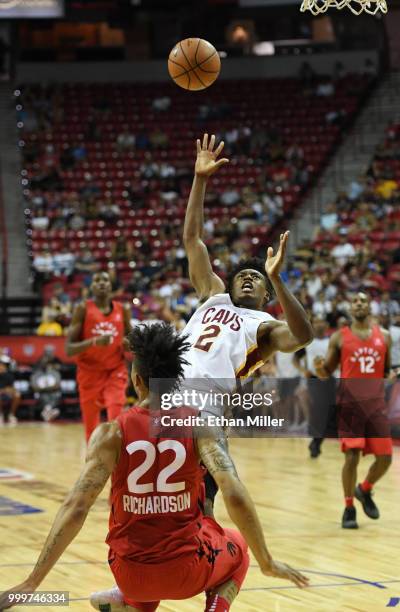 Collin Sexton of the Cleveland Cavaliers is fouled as he drives to the basket against Malachi Richardson of the Toronto Raptors during a quarterfinal...