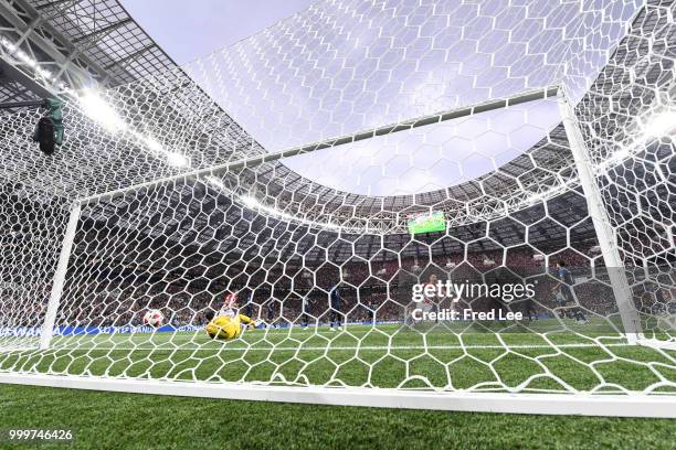 Ivan Perisic of Croatia scores his team's first goal over Hugo Lloris of France to make the score 1-1 during the 2018 FIFA World Cup Final between...