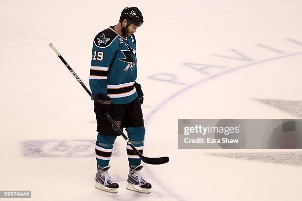 Joe Thornton of the San Jose Sharks looks down late in the third period before losing to the Chicago Blackhawks 4-2 in Game Two of the Western...