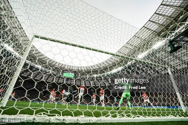 Mario Mandzukic of Croatia scores an own goal during the 2018 FIFA World Cup Final between France and Croatia at Luzhniki Stadium on July 15, 2018 in...