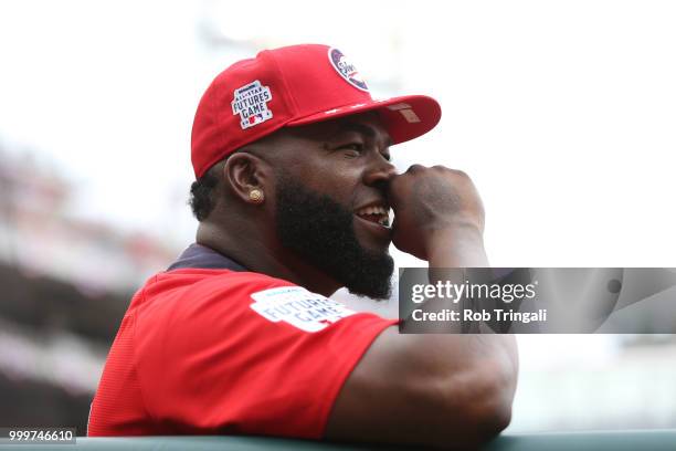 Manager David Ortiz of the World Team looks on during the SiriusXM All-Star Futures Game at Nationals Park on Sunday, July 15, 2018 in Washington,...