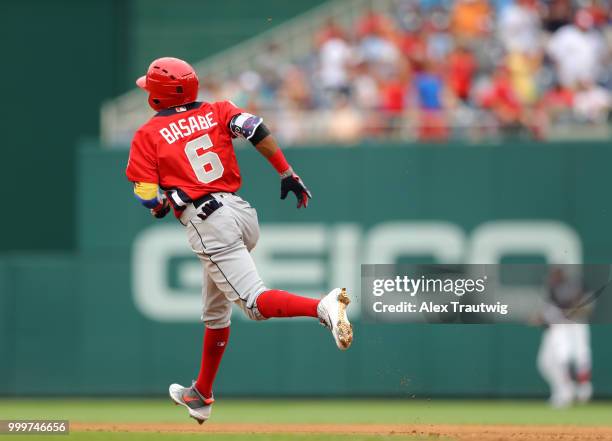 Luis Basabe of the World Team rounds the bases after hitting a home run in the third inning during the SiriusXM All-Star Futures Game at Nationals...