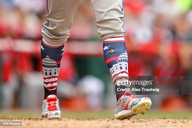 Detailed view of a Team World player's socks during the SiriusXM All-Star Futures Game at Nationals Park on Sunday, July 15, 2018 in Washington, D.C.