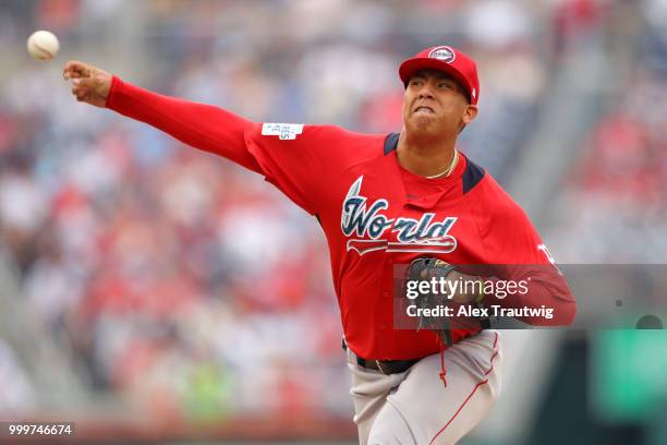 Bryan Mata of the World Team pitches during the SiriusXM All-Star Futures Game at Nationals Park on Sunday, July 15, 2018 in Washington, D.C.