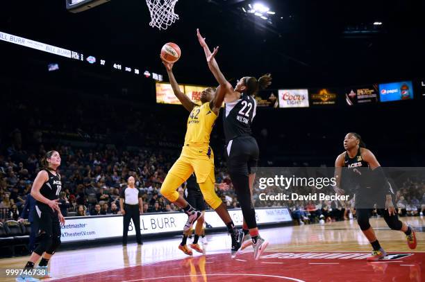 Jantel Lavender of the Los Angeles Sparks goes to the basket against the Las Vegas Aces on July 15, 2018 at the Mandalay Bay Events Center in Las...