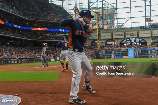 Houston Astros infielder Alex Bregman waits to hit during the baseball game between the Detroit Tigers and the Houston Astros on July 15, 2018 at...