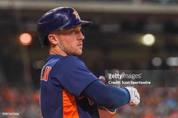Houston Astros infielder Alex Bregman waits to hit during the baseball game between the Detroit Tigers and the Houston Astros on July 15, 2018 at...
