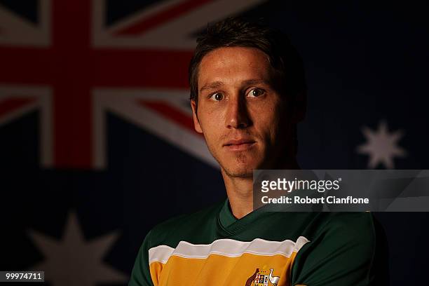 Mark Milligan of Australia poses for a portrait during an Australian Socceroos portrait session at Park Hyatt Hotel on May 19, 2010 in Melbourne,...