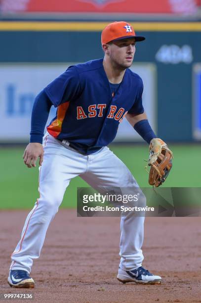 Houston Astros infielder Alex Bregman watches a pitch during the baseball game between the Detroit Tigers and the Houston Astros on July 15, 2018 at...