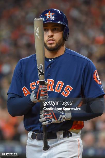 Houston Astros outfielder George Springer prepares to hit during the baseball game between the Detroit Tigers and the Houston Astros on July 15, 2018...