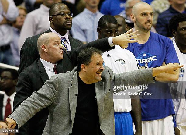 Head coach Stan Van Gundy of the Orlando Magic reacts against the Boston Celtics in Game Two of the Eastern Conference Finals during the 2010 NBA...