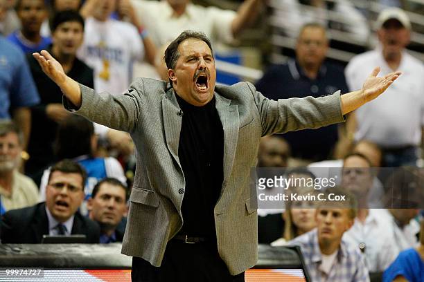Head coach Stan Van Gundy of the Orlando Magic reacts as he coaches against against the Boston Celtics in Game Two of the Eastern Conference Finals...
