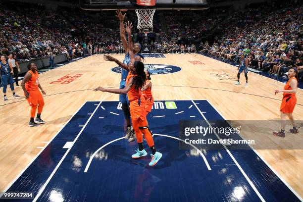 Sylvia Fowles of the Minnesota Lynx shoots the ball against the Connecticut Sun on July 15, 2018 at Target Center in Minneapolis, Minnesota. NOTE TO...