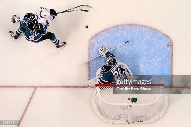 Patrick Kane of the Chicago Blackhawks makes a move to shoot on Rob Blake of the San Jose Sharks in the third period of Game Two of the Western...