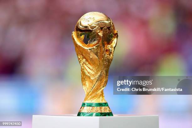The World Cup trophy is seen before the 2018 FIFA World Cup Russia Final between France and Croatia at Luzhniki Stadium on July 15, 2018 in Moscow,...