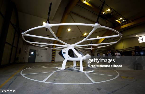 Volocopter can be seen during an event of the Daimler AG in a hangar near the airport in Stuttgart, Germany, 29 August 2017. Photo: Christoph...