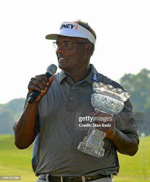 Vijay Singh acknowledges the gallery after beating Jeff Maggert in a two hole playoff during the final round of the PGA TOUR Champions Constellation...