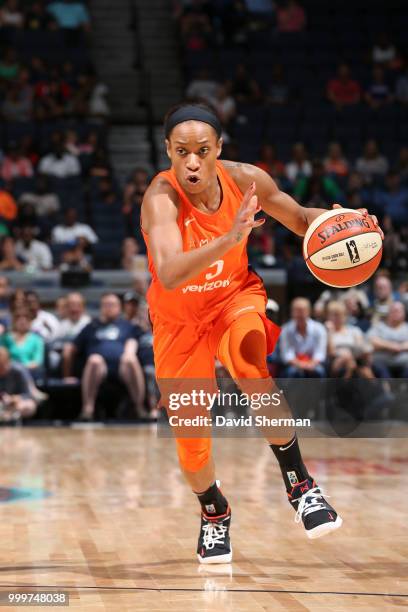 Jasmine Thomas of the Connecticut Sun handles the ball against the Minnesota Lynx on July 15, 2018 at Target Center in Minneapolis, Minnesota. NOTE...