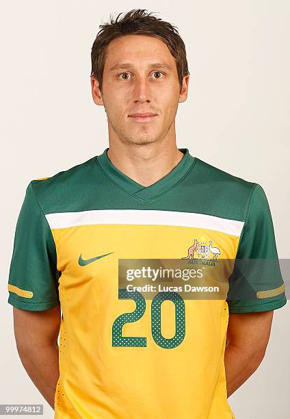 Mark Milligan of Australia poses for a portrait during an of Australian Socceroos portrait session at Park Hyatt on May 19, 2010 in Melbourne,...