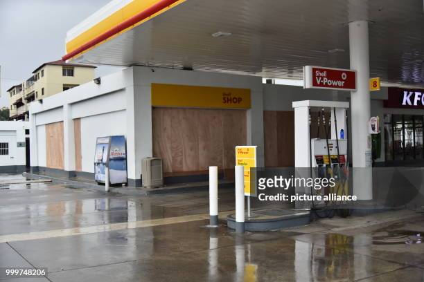 Gas station secured with wooden planks can be seen in Santo Domingo, Dominican Republic, 7 September 2017. The extremely dangerous hurricane 'Irma'...