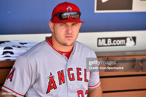 Los Angeles Angels center fielder Mike Trout looks on from the dugout during a MLB game between the Los Angeles Angels of Anaheim and the Los Angeles...