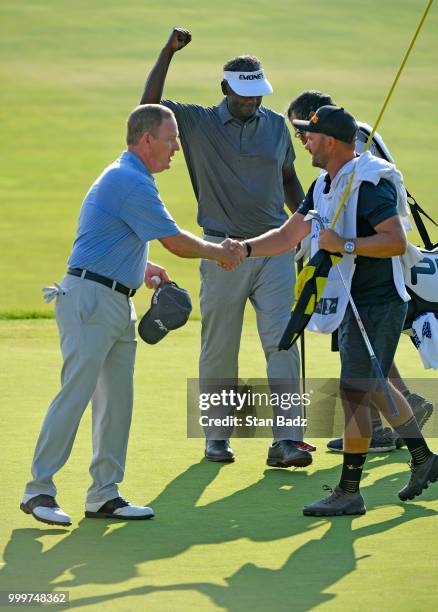 Vijay Singh celebrates his win beating Jeff Maggert in a two hole playoff during the final round of the PGA TOUR Champions Constellation SENIOR...