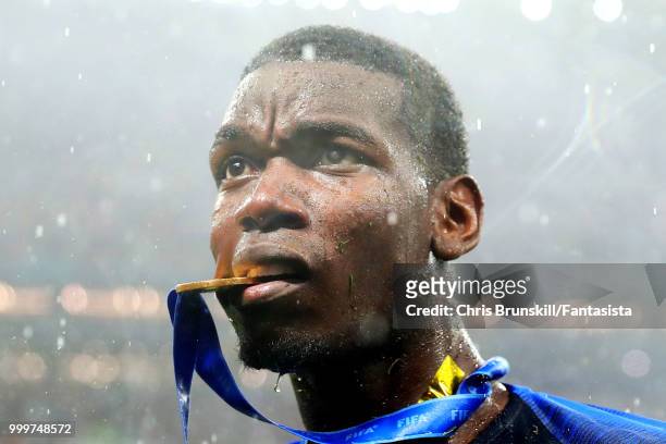 Paul Pogba of France celebrates with his medal following the 2018 FIFA World Cup Russia Final between France and Croatia at Luzhniki Stadium on July...